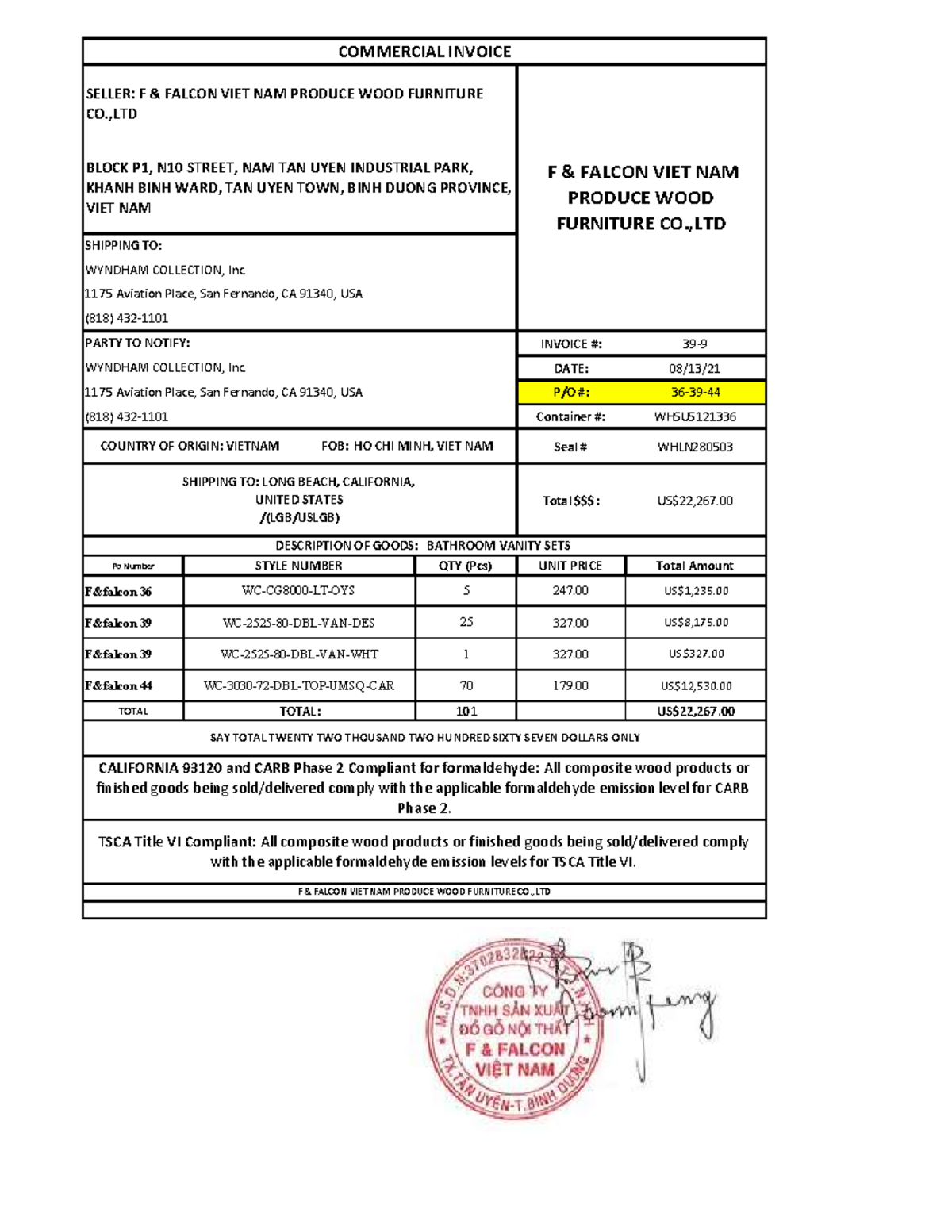 F& Falcon INV 39-9 - Detailed Commercial Invoice Breakdown - Studocu