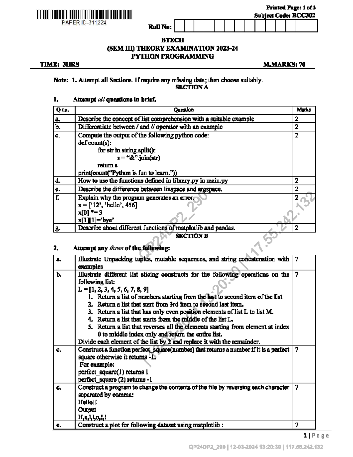 BCC302 - PYTHON PROGRAMMING Previous Year Exam Question Papers - Studocu