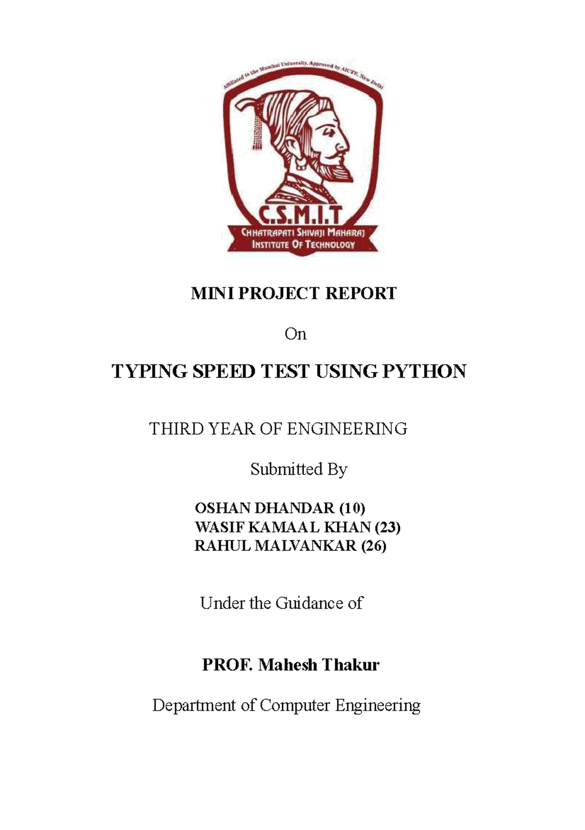 AI Miniproject Wasif - Lab - MINI PROJECT REPORT On TYPING SPEED TEST ...