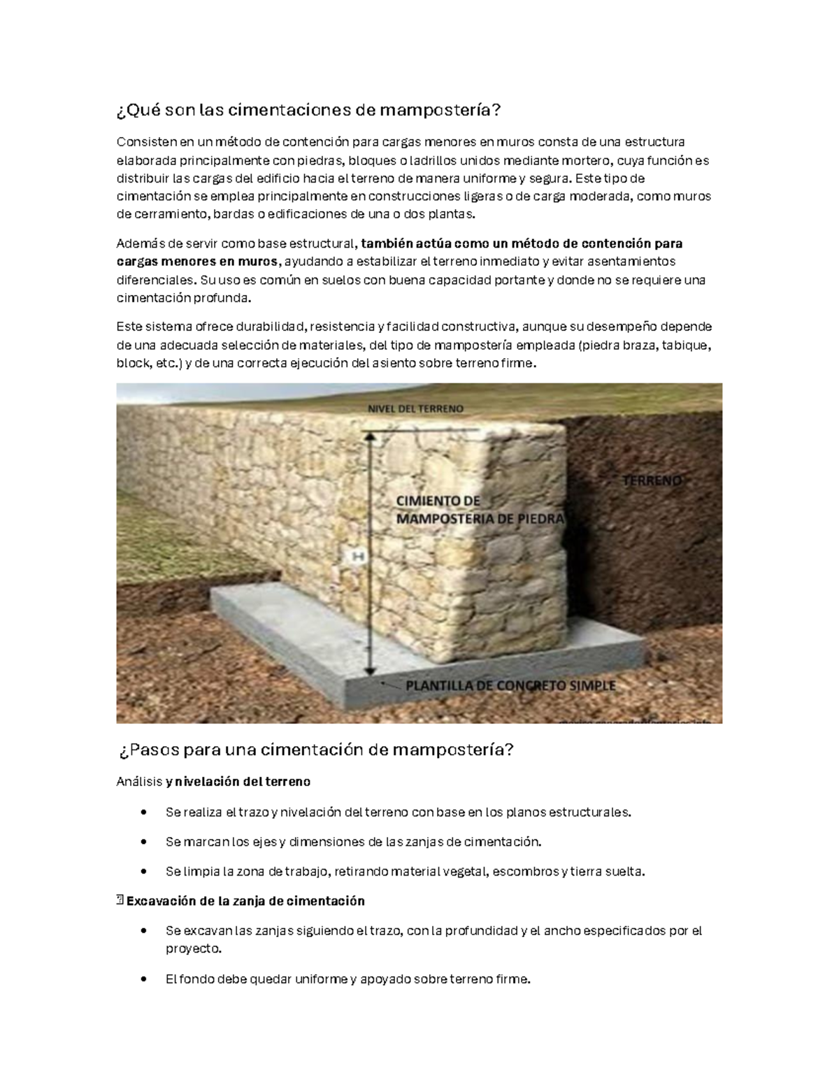 Cimentaciones de Mampostería: Conceptos y Proceso 1°B - Studocu