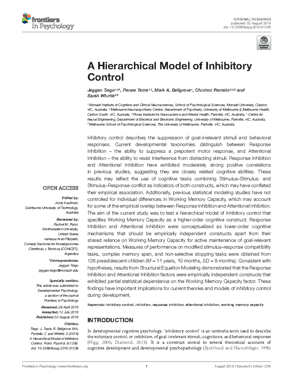 Hierarchical Model of Inhibitory Control in Developmental Psychology ...