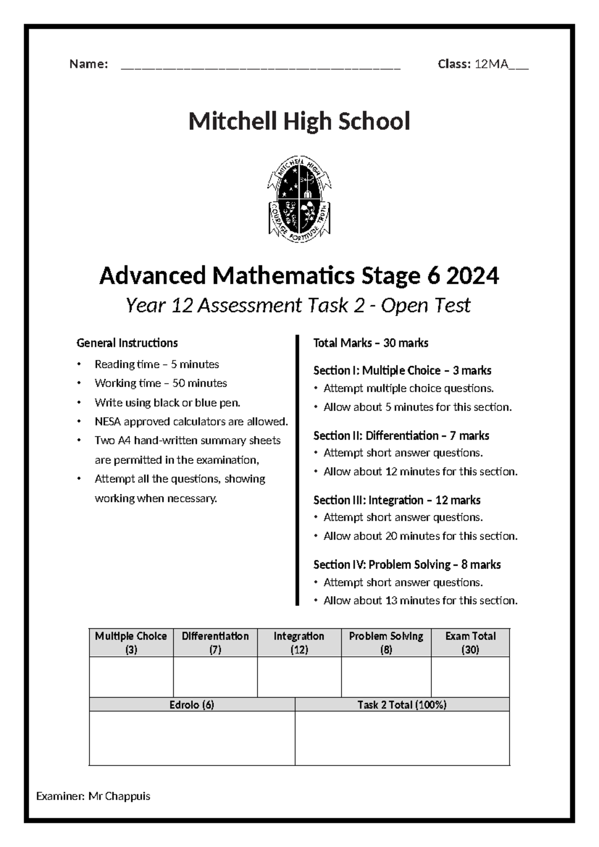 Mitchell High School Adv Math Stage 6 Year 12 Assessment Task 2 - Studocu