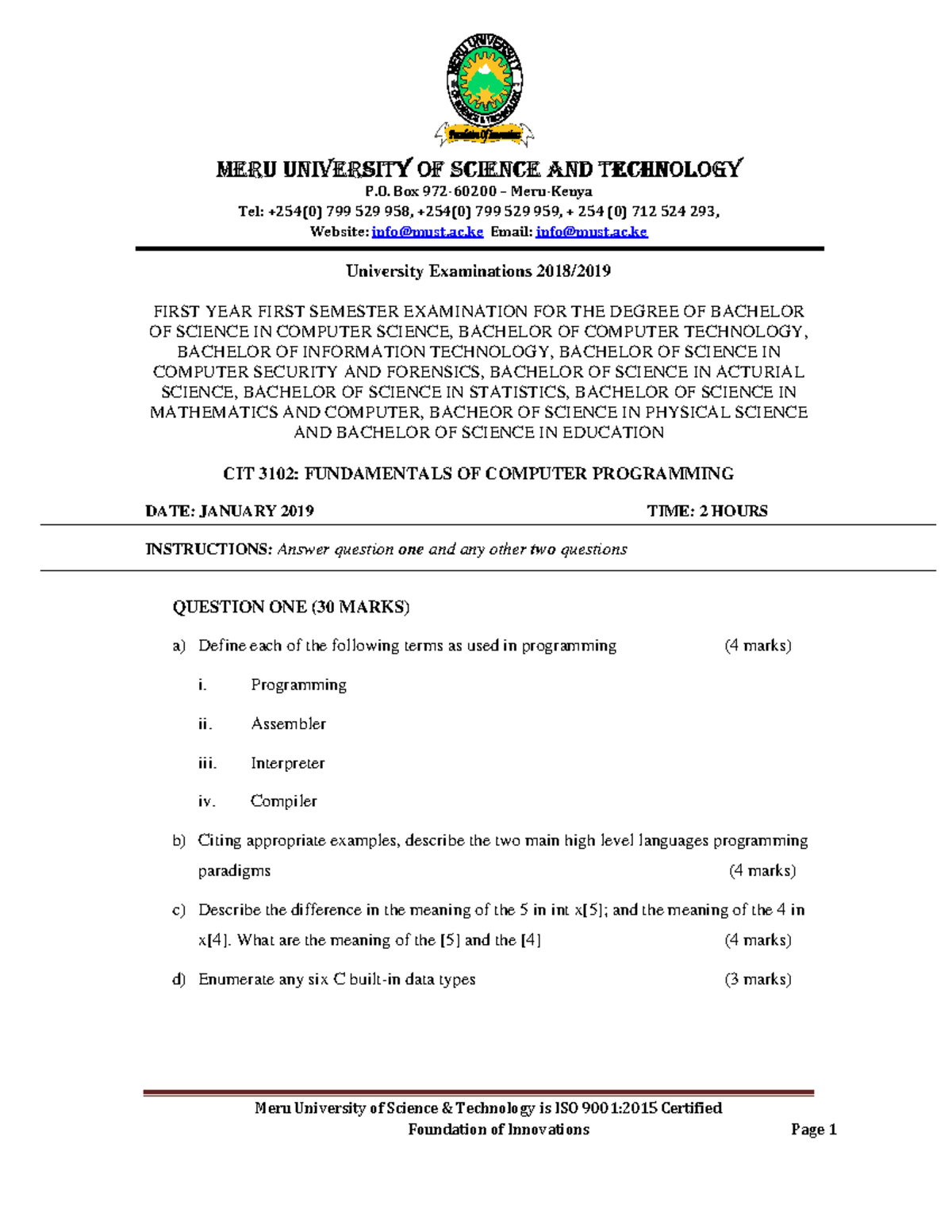 CIT 3102 Final Exam: Fundamentals of Computer Programming Study Guide ...