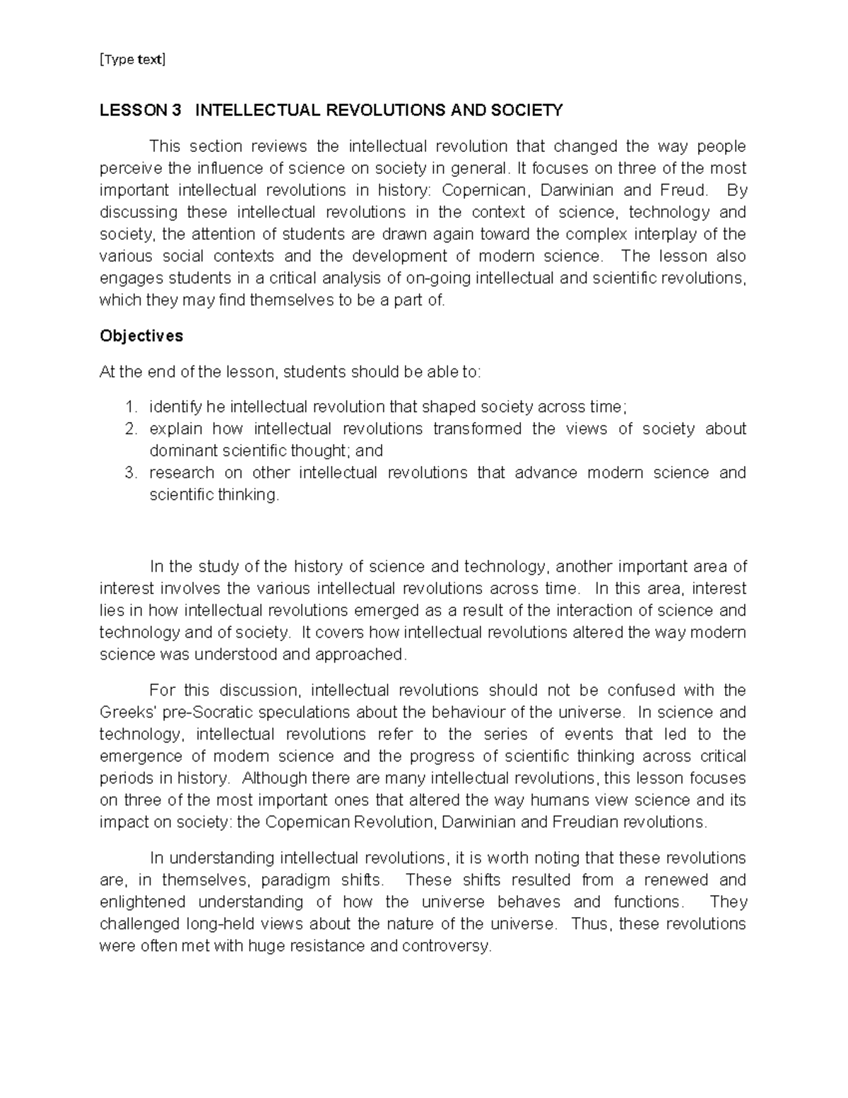 Module 1: Lesson 3 - Intellectual Revolutions in Science & Society ...
