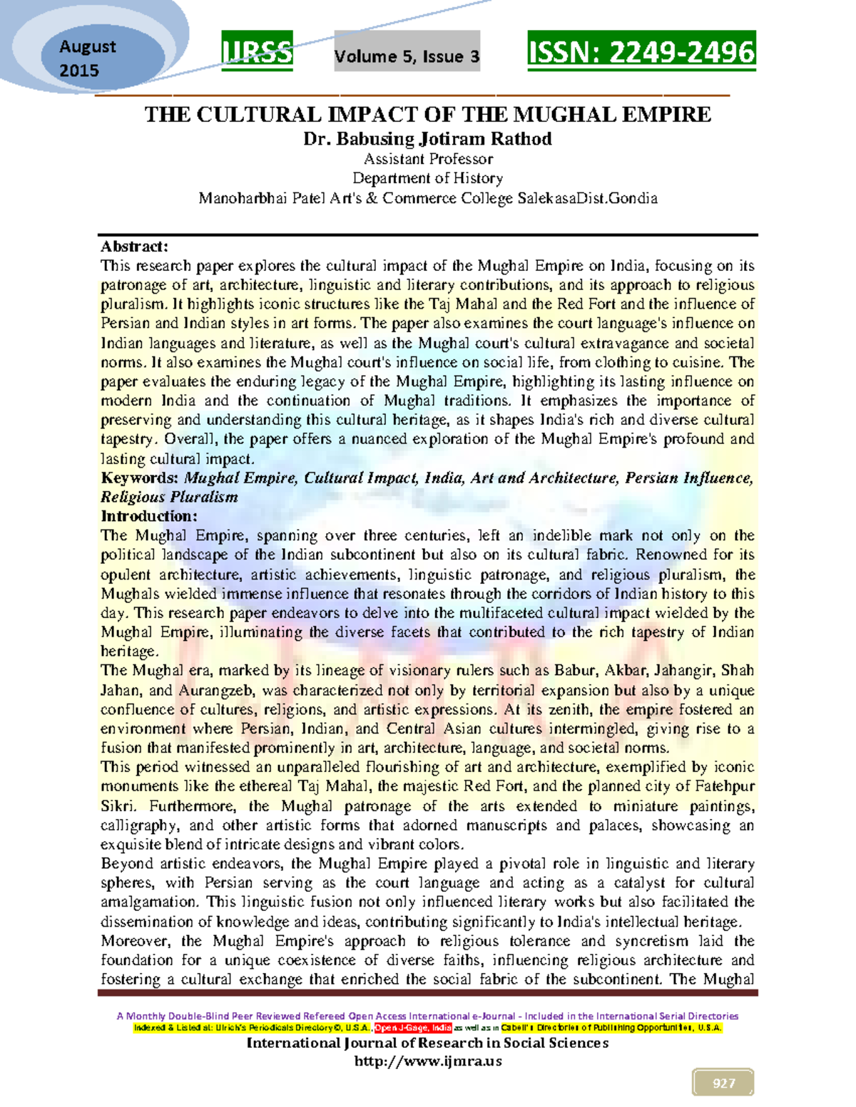 Cultural Impact of the Mughal Empire: Insights from IJRSS 2015 - Studocu
