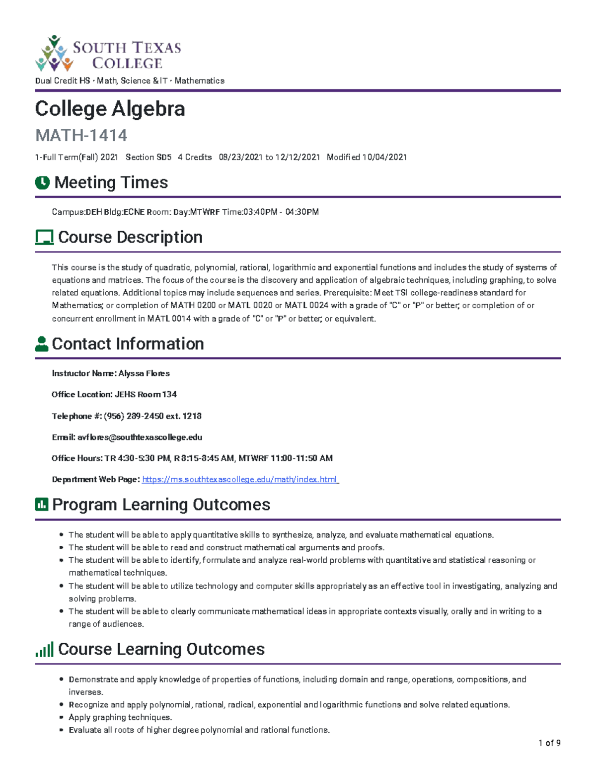 College Algebra MATH 1414: Course Overview & Requirements (Fall 2021 ...