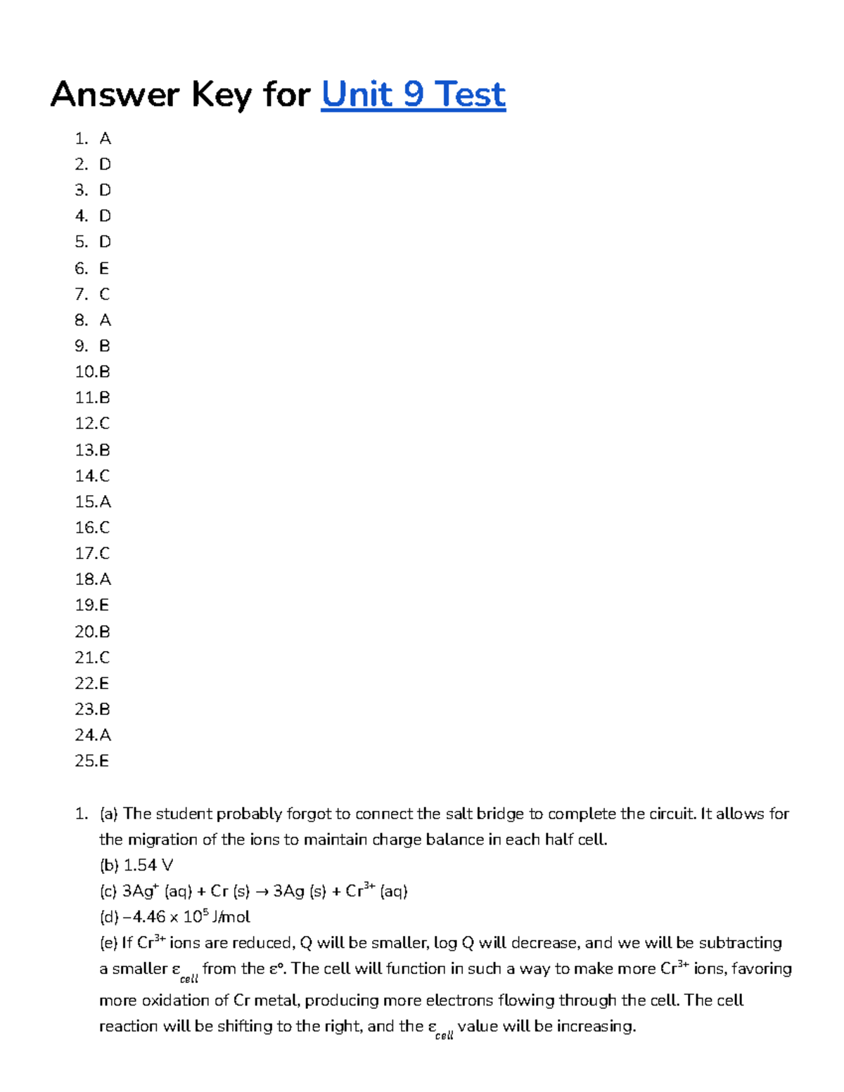 Answer Key for Unit 9 Test: Electrochemistry Concepts - Studocu
