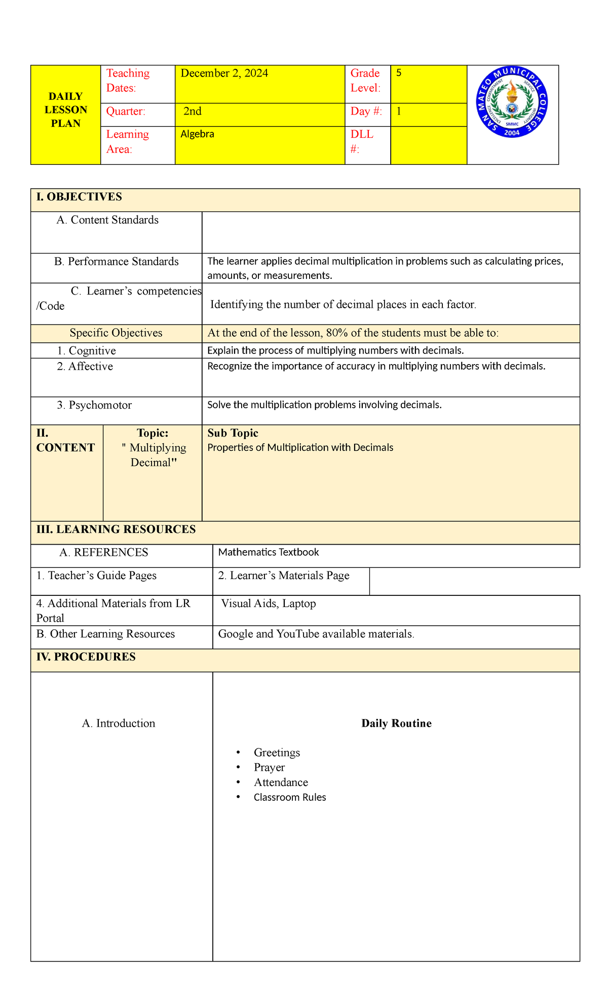 Science LP - Demo teaching lesson plan - DAILY LESSON PLAN Teaching ...
