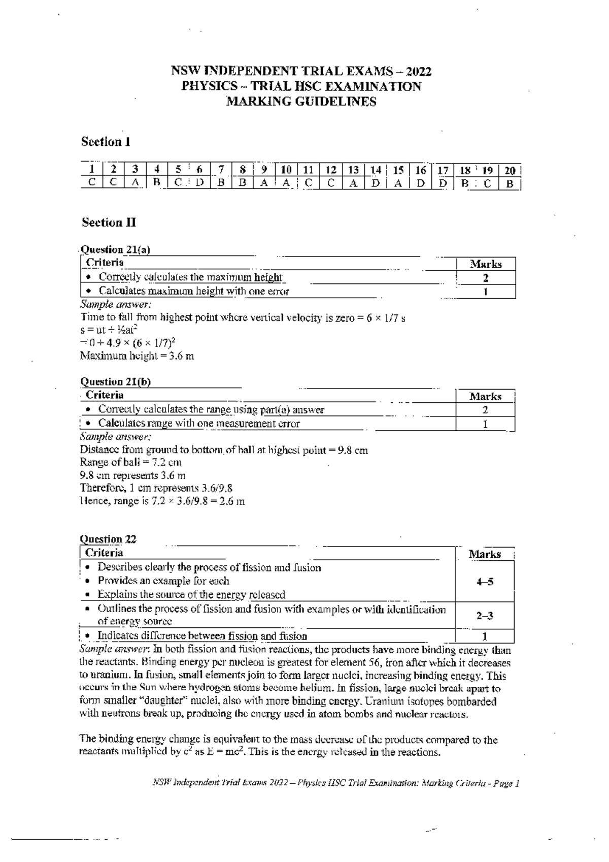 NSW PHYSICS HSC TRIAL EXAM 2022: MARKING GUIDELINES & ANSWERS - Studocu