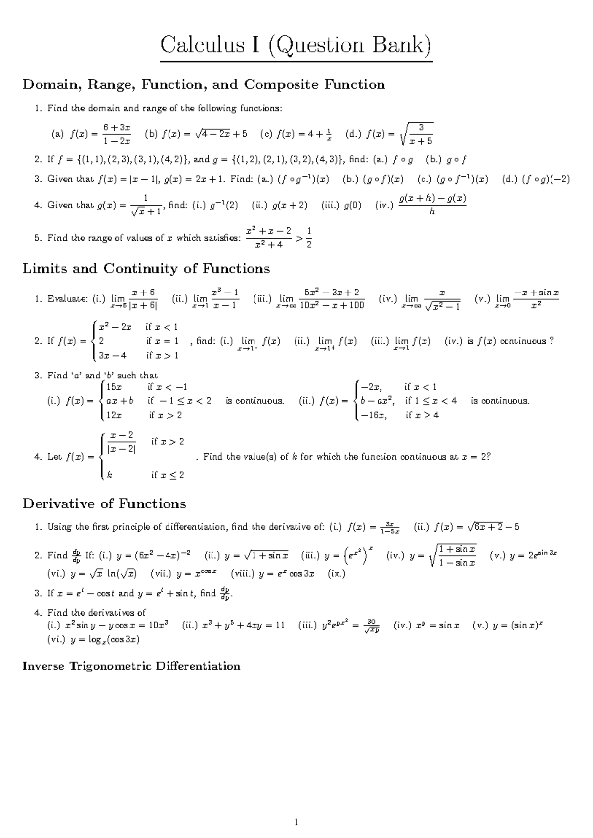 Calculus I (QBank) Domain, Range, and Function Analysis - Studocu