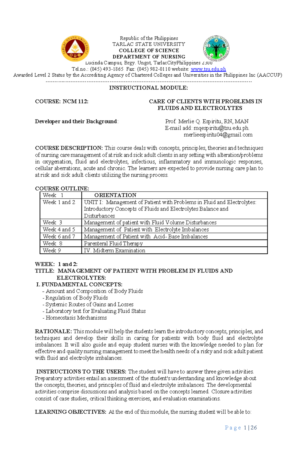 NCM 112: Nursing Care Management of Fluid & Electrolyte Imbalances - Document Preview