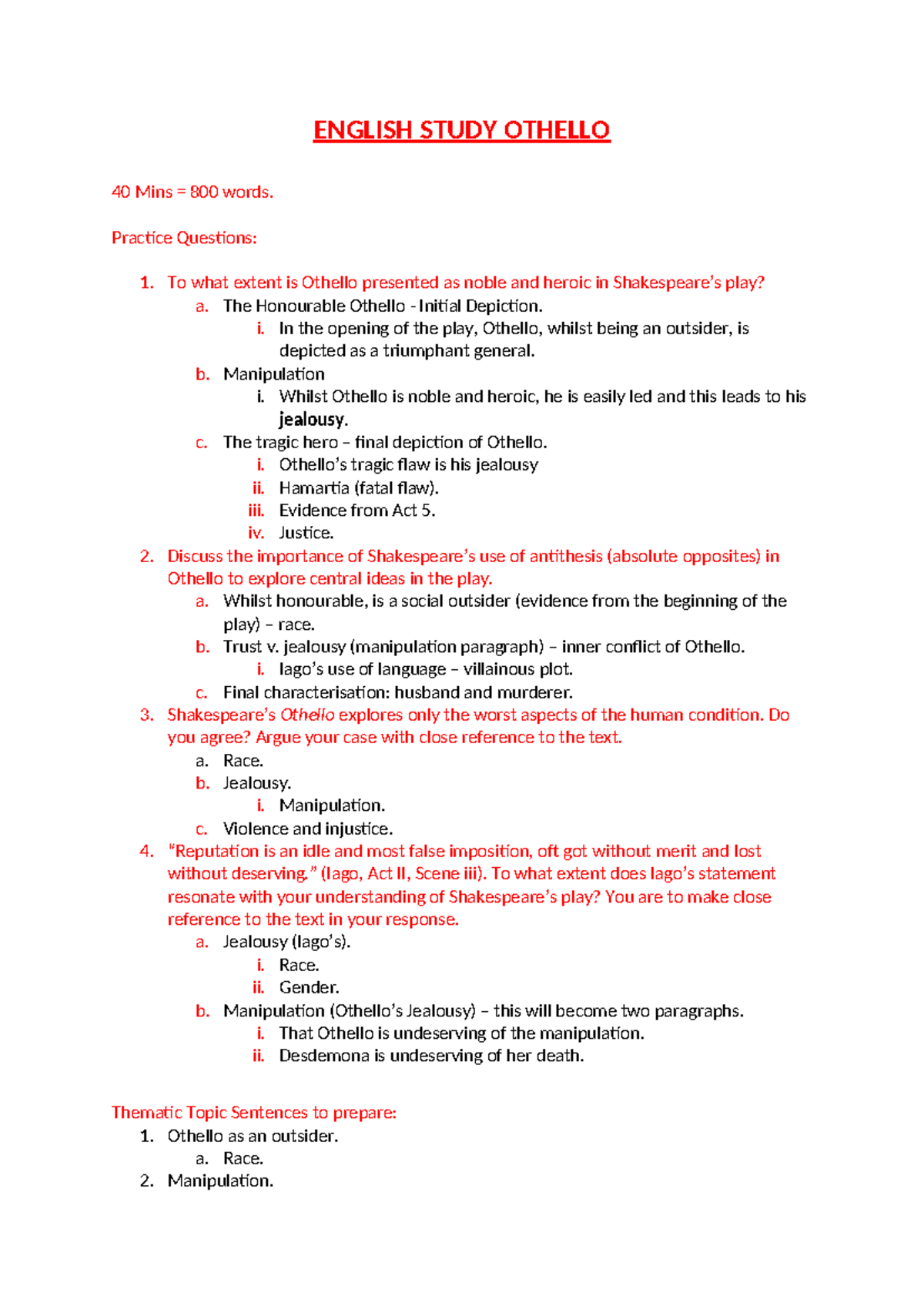 ENGLISH 101: OTHELLO Analysis & Practice Questions (40 Mins) - Studocu