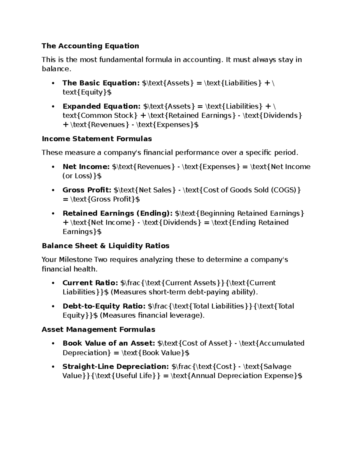 Formulas - The Accounting Equation This is the most fundamental formula ...