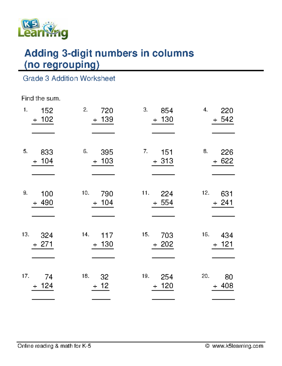 Grade 3 add 3 digit numbers in columns no regrouping a - Online reading ...