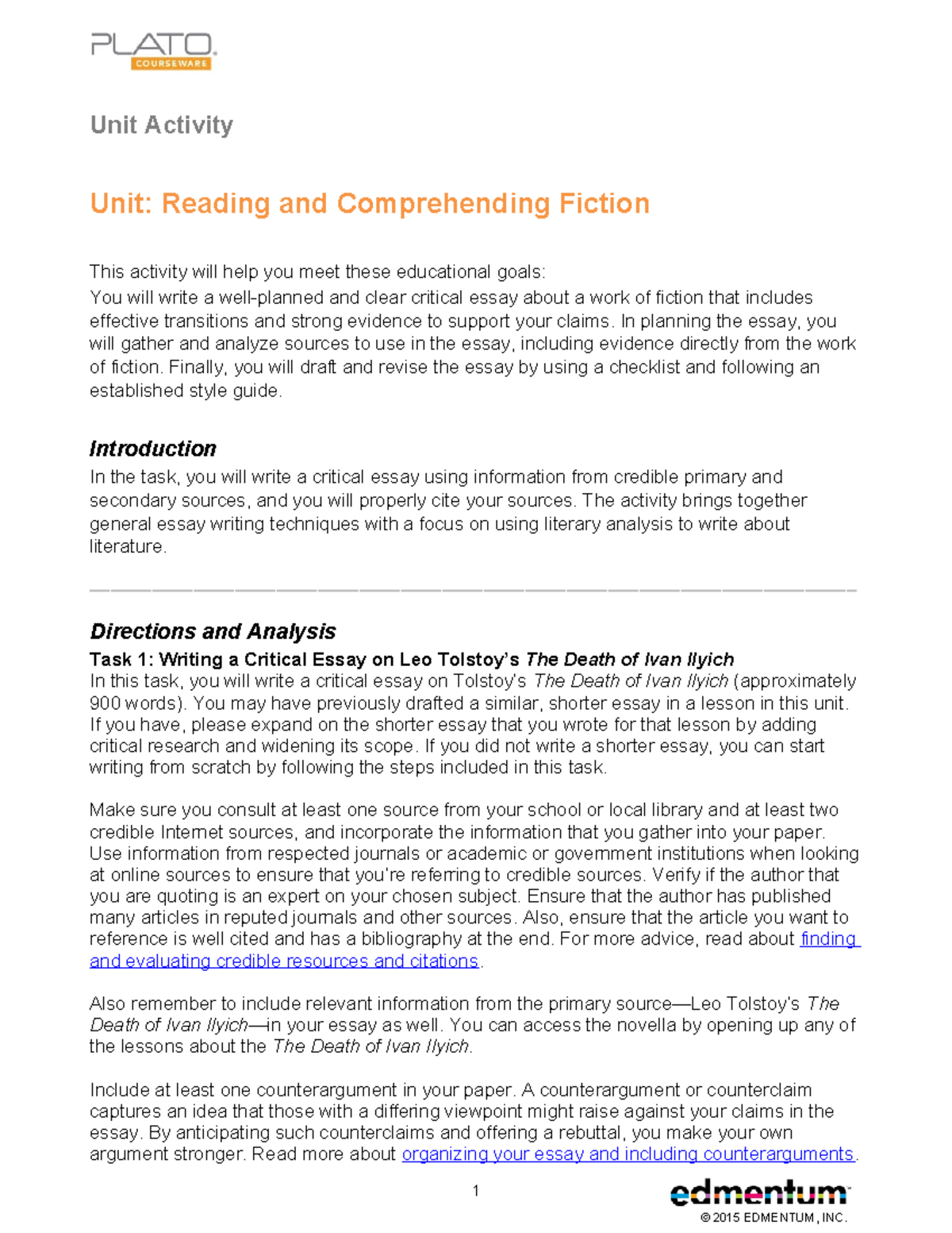 A1 Reading and Comprehending Fiction: Critical Essay on Tolstoy's "The ...
