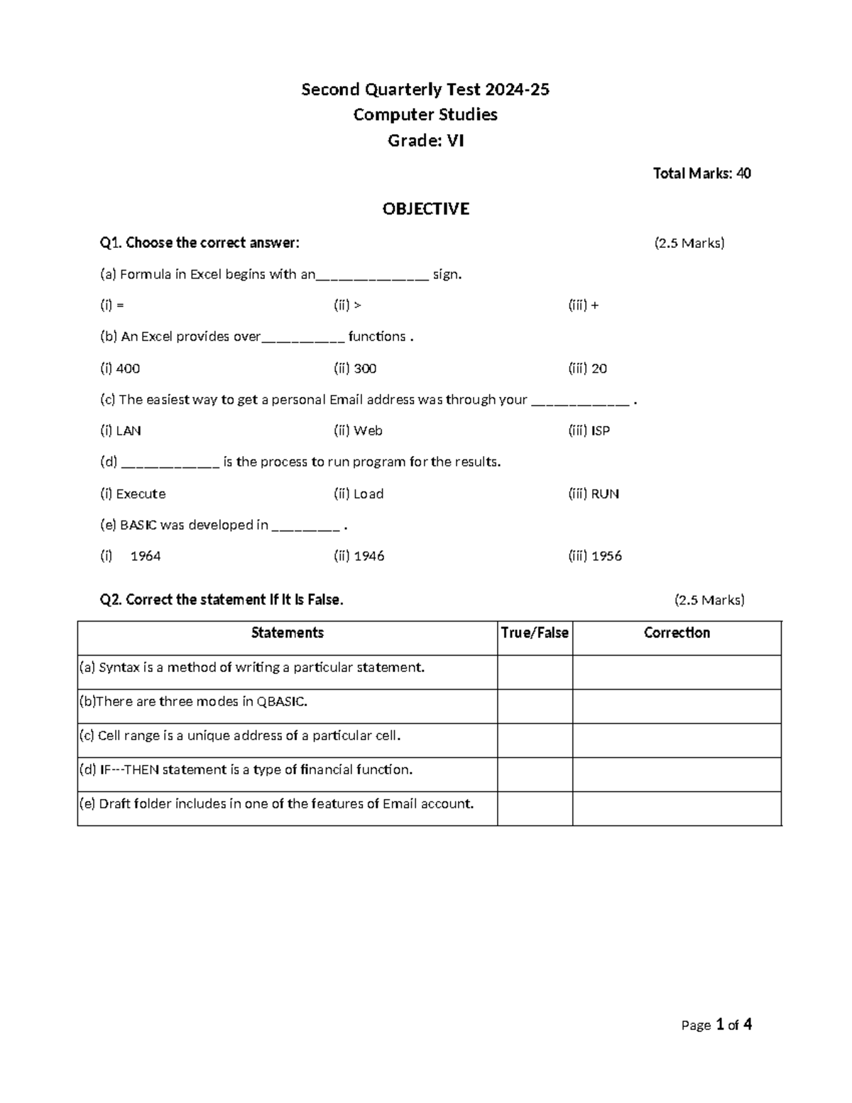 2nd Quarter Test: Computer Studies Grade VI - Total Marks: 40 - Studocu