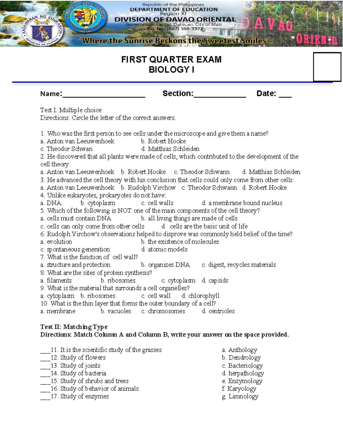 BIO 101: First Quarter Exam Study Guide - Studocu