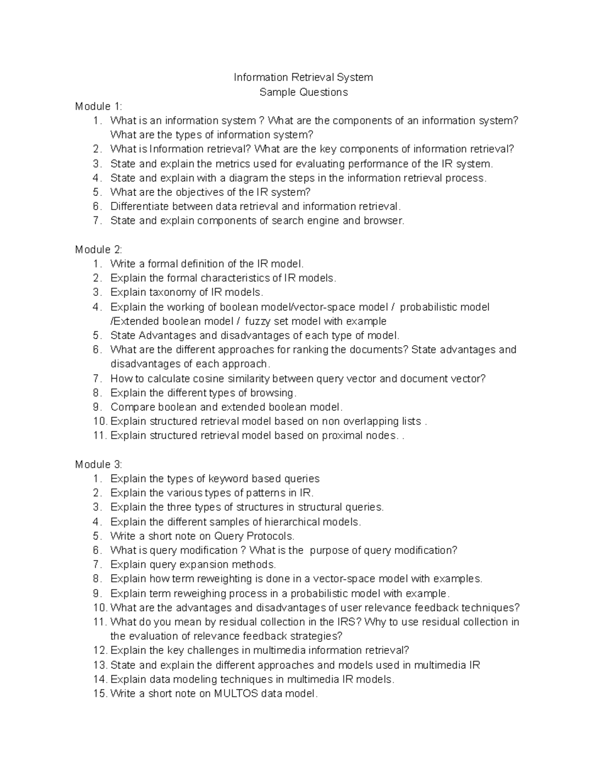 IRS Module 1-3 Sample Questions - Information Retrieval System Sample ...
