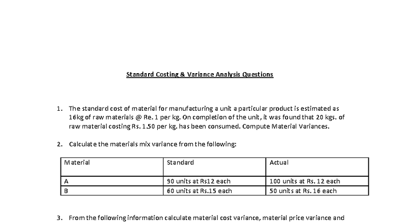 Standard Costing Variance Analysis Questions (SC101) - Studocu