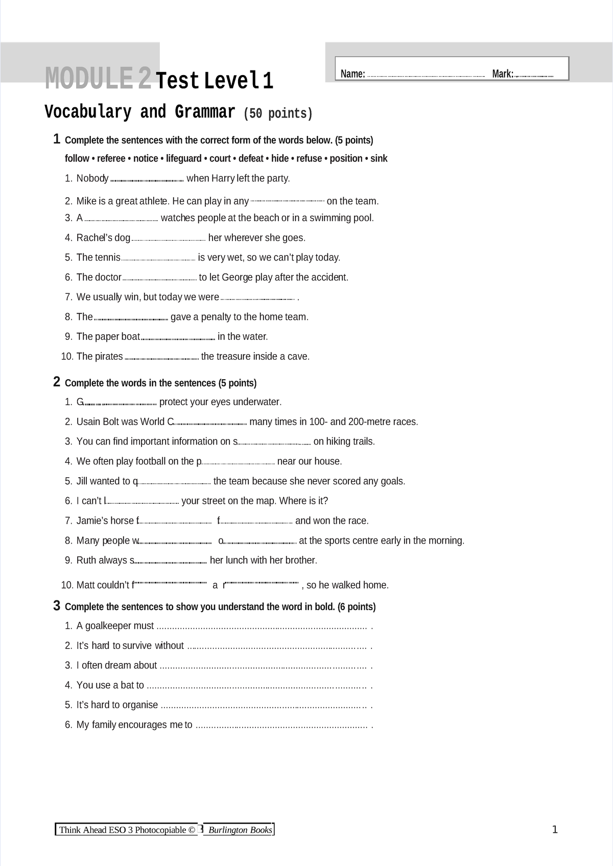 MODULE 2: Test Level 1 - Vocabulary and Grammar Exercises - Studocu