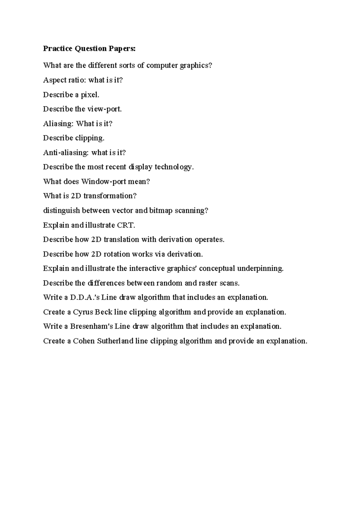 Practice Questions CG - Computer Graphics Concepts and Algorithms - Studocu