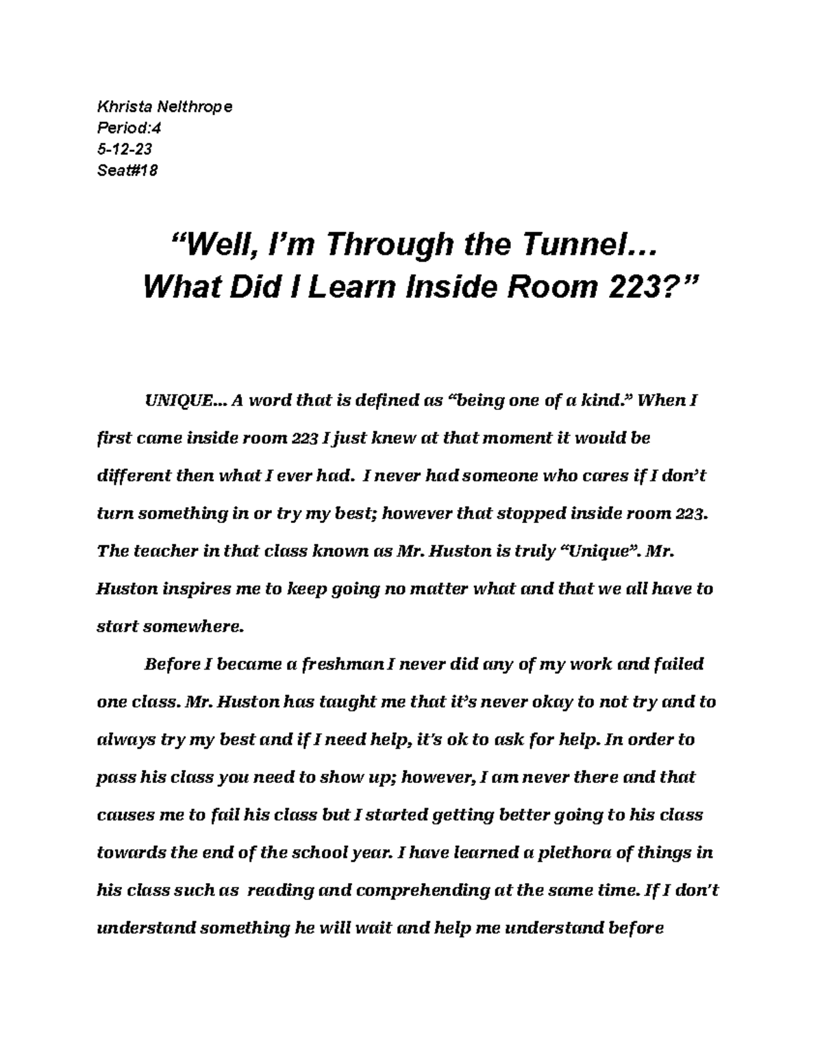"What Did I Learn Inside Room 223" - Khrista Nelthrope Period: 5-12 ...