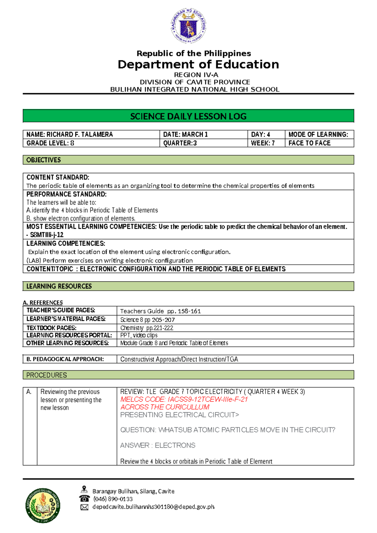 Lesson Plan for Class Observation on Periodic Table - Science 8 CO3 ...