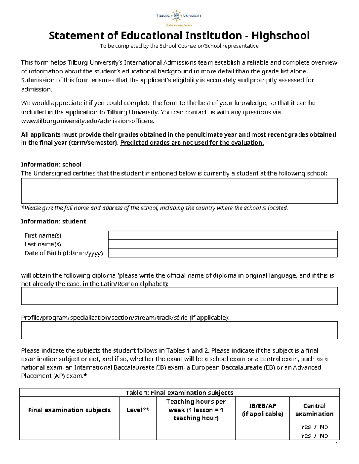 Statement of Educational Institution - Highschool 2025 Form - Studocu