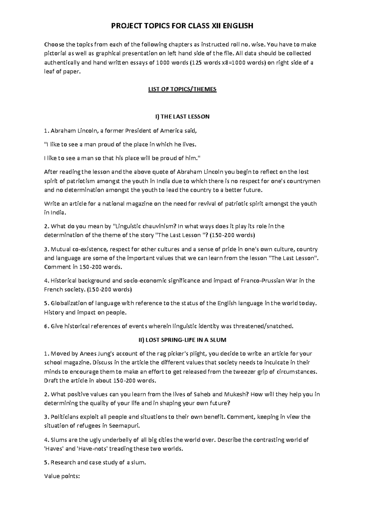 Project Topics for Class XII English CORE: A Comprehensive Guide - Studocu