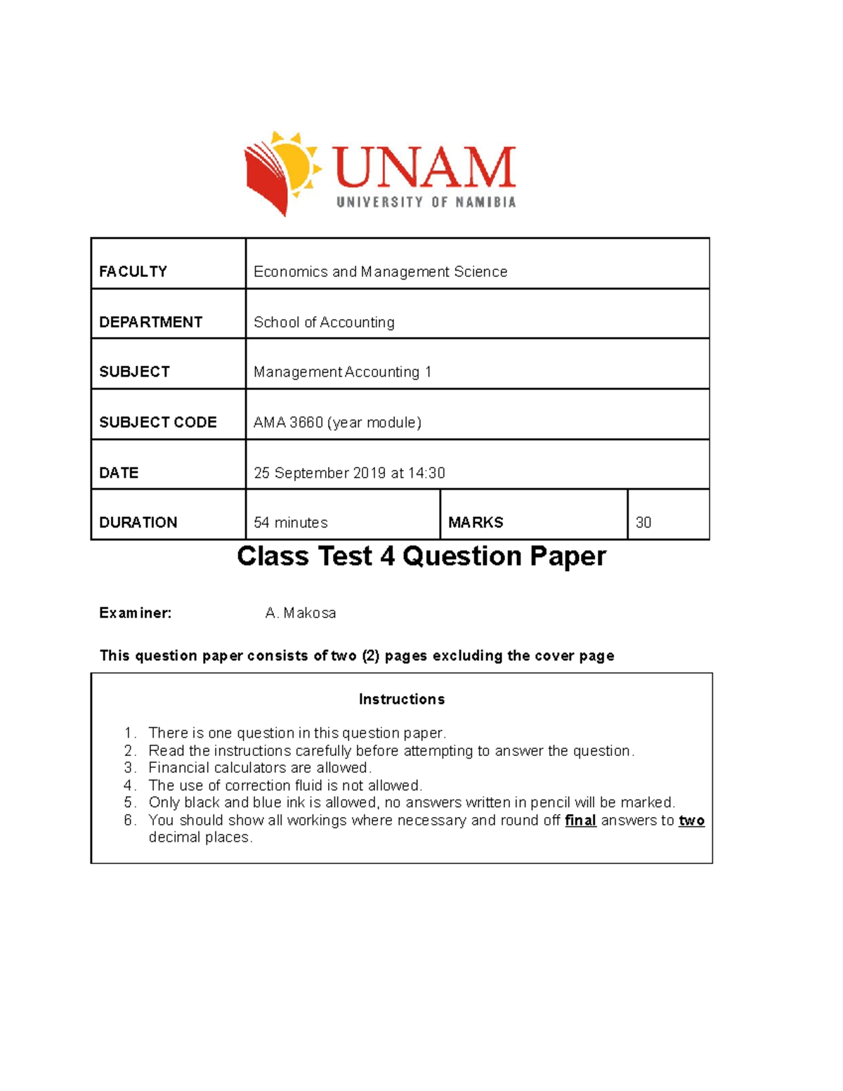 Test 4 2019 12BCHA - FACULTY Economics and Management Science ...
