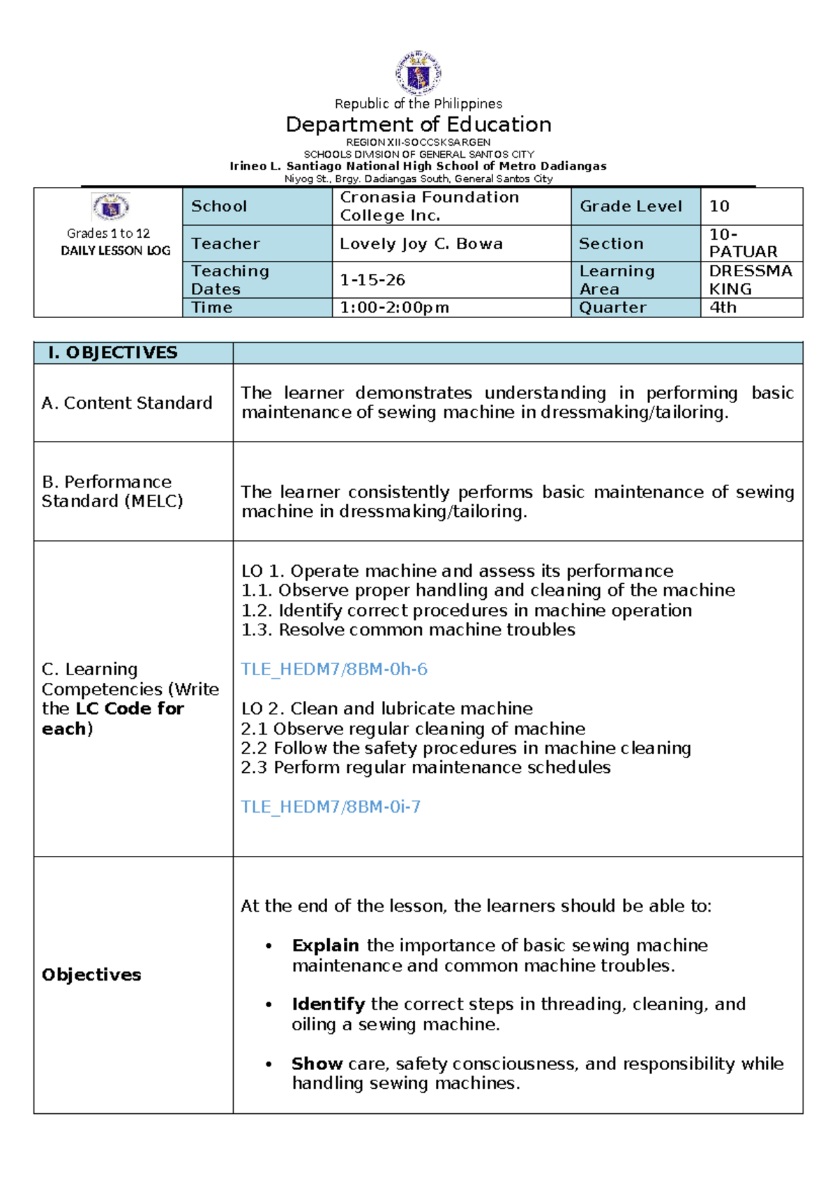 Lesson PLAN 8 Perform Basic Maintenance (BM) - Republic of the ...
