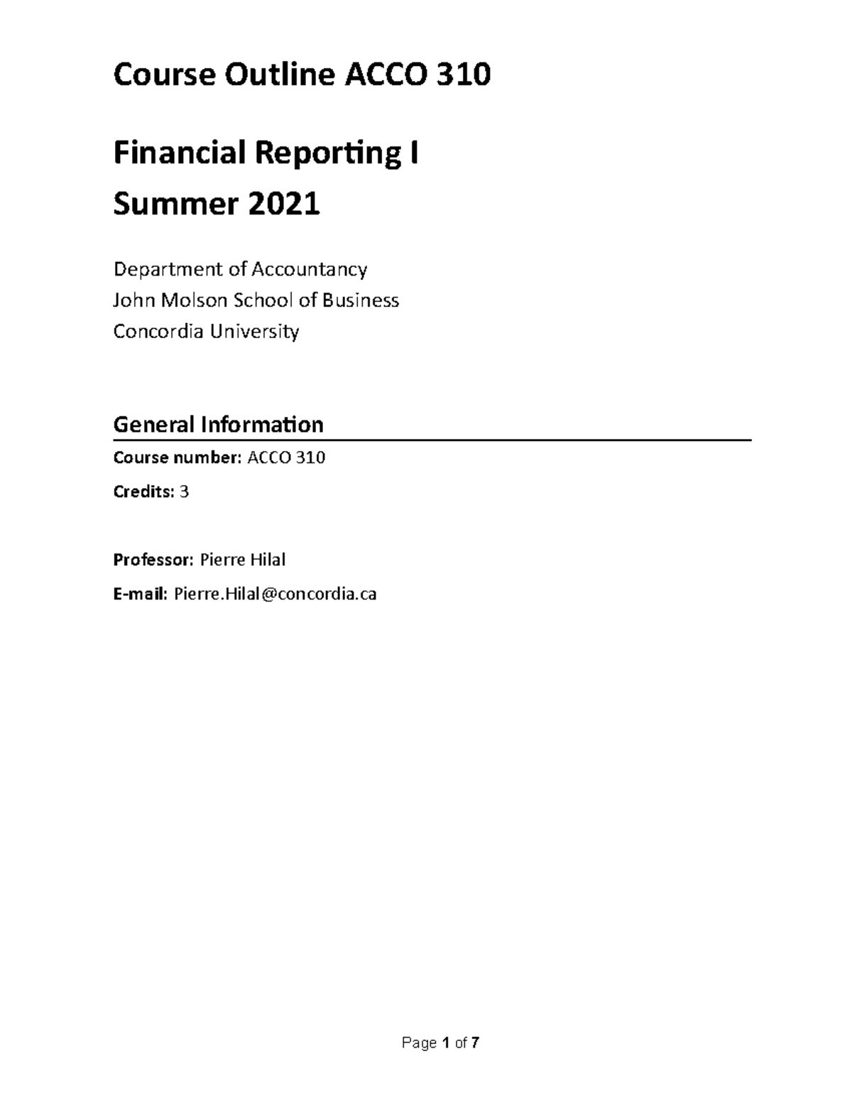 ACCO 310 Course Outline - Financial Reporting I - Summer 2021 - Studocu