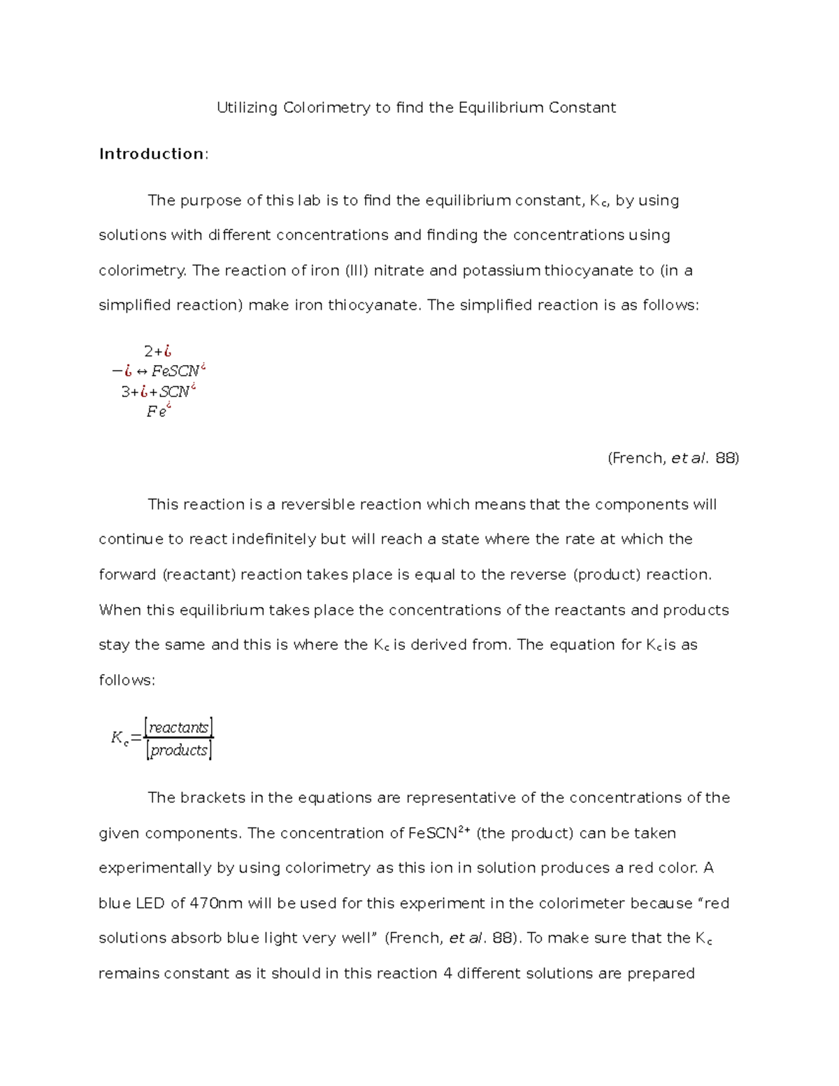 CHE 113 Experiment 15 - Colorimetry Lab Report for Equilibrium Constant ...