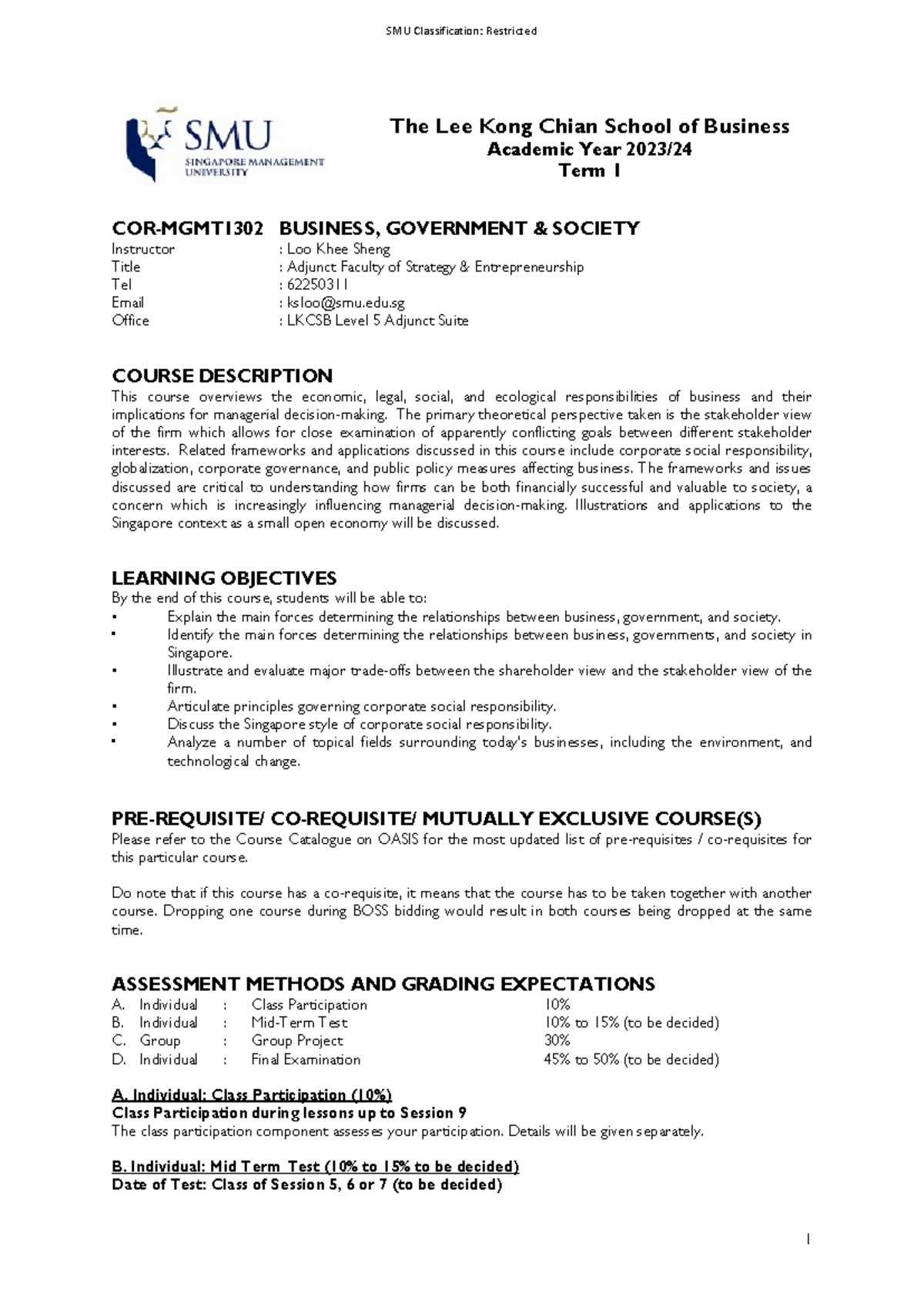 Course 1 Course Outline COR-MGMT1302 Loo Khee Sheng AY2324 T1 - 1 SMU ...