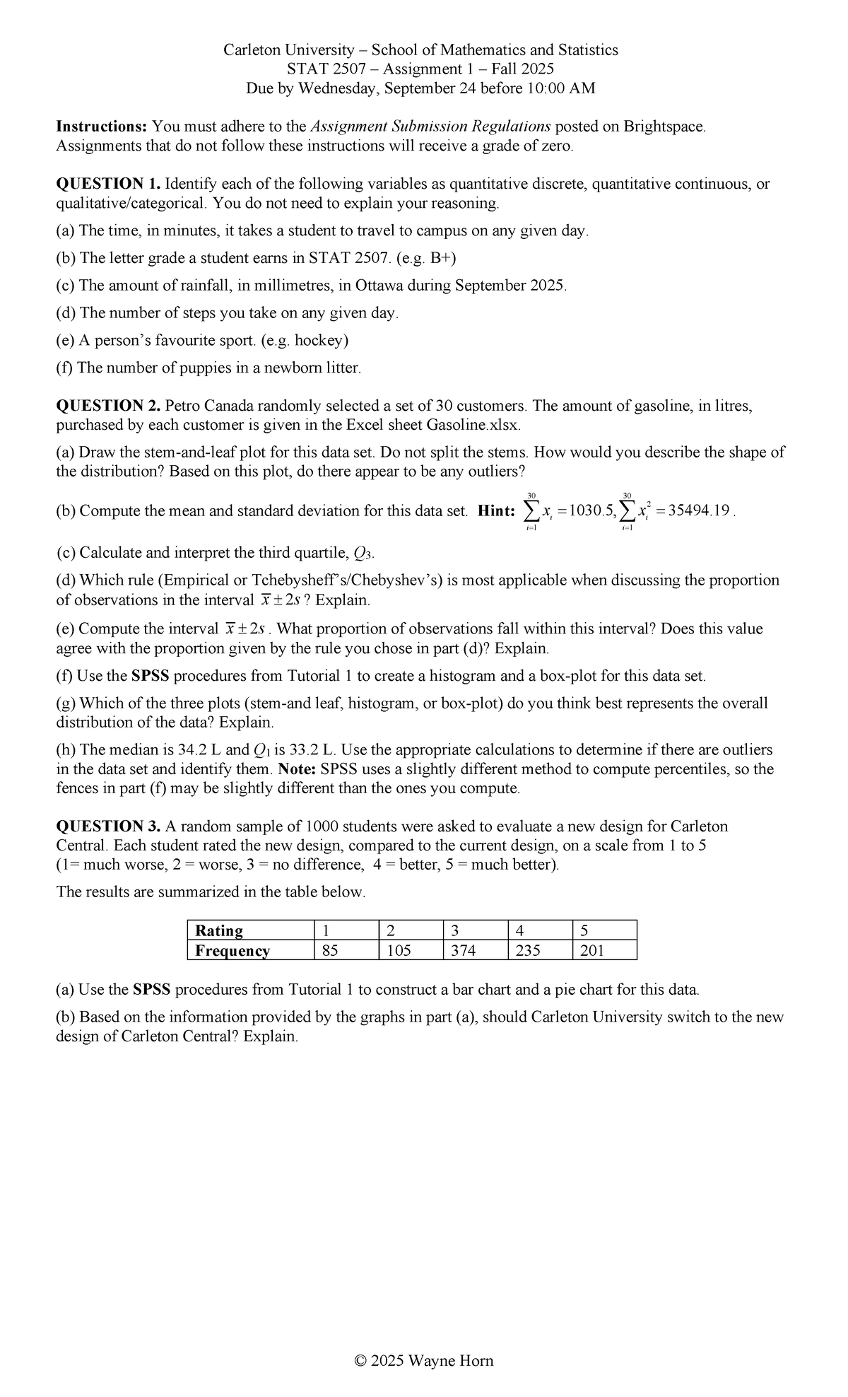 STAT 2507 Assignment 1: Data Analysis & Evaluation - Fall 2025 - Studocu