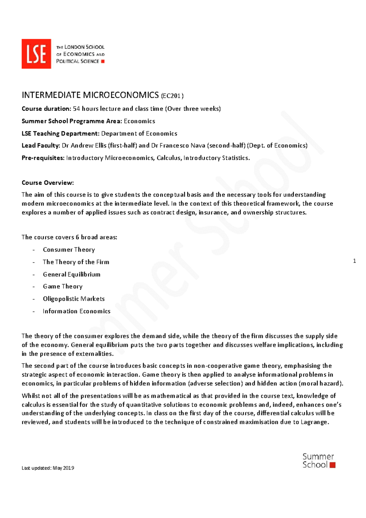 Intermediate Microeconomics (EC201) Course Overview and Lecture Plan ...