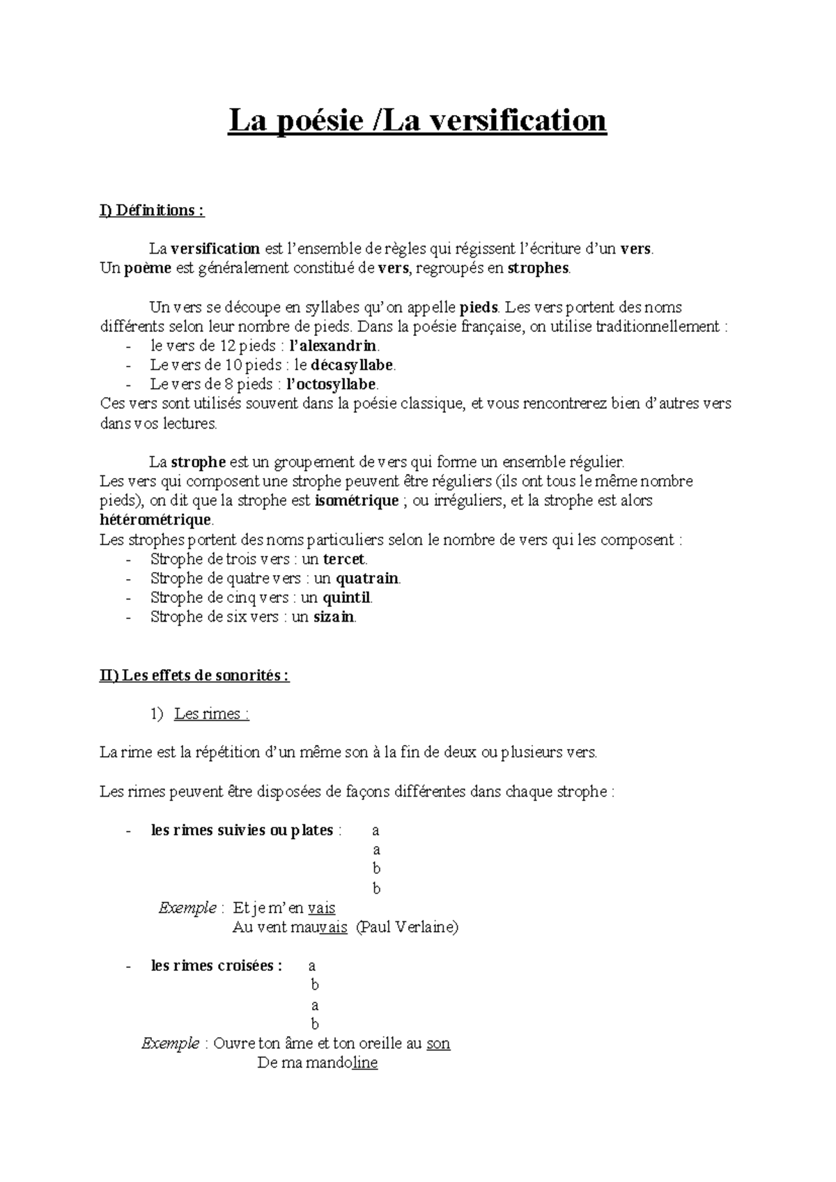 Cours de Versification I : Définitions et Effets Sonores - Studocu