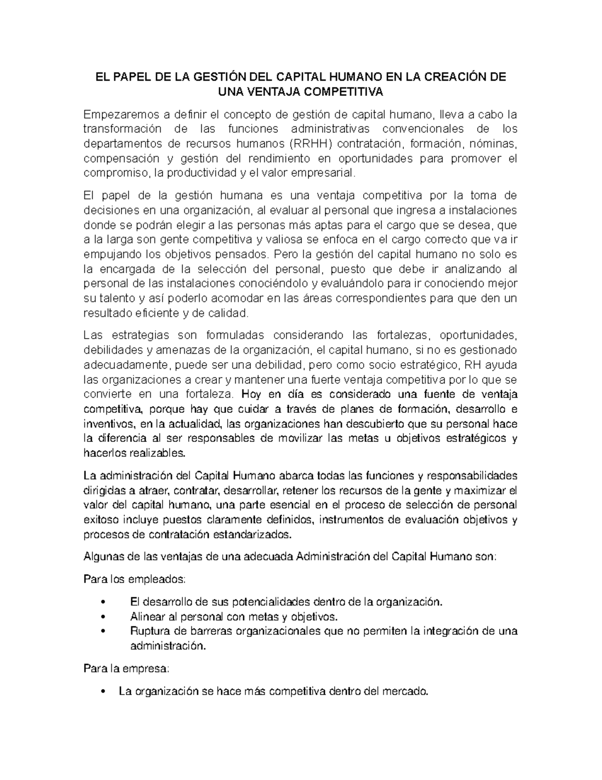 Gestión del Capital Humano y Ventaja Competitiva: Un Análisis