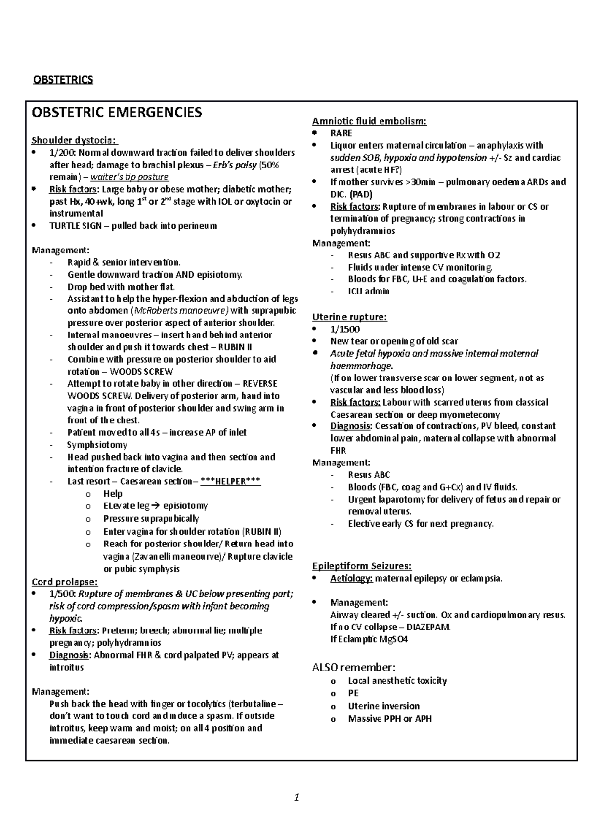 Obs & Gynae: Comprehensive Summary Notes on Obstetric Emergencies - Studocu