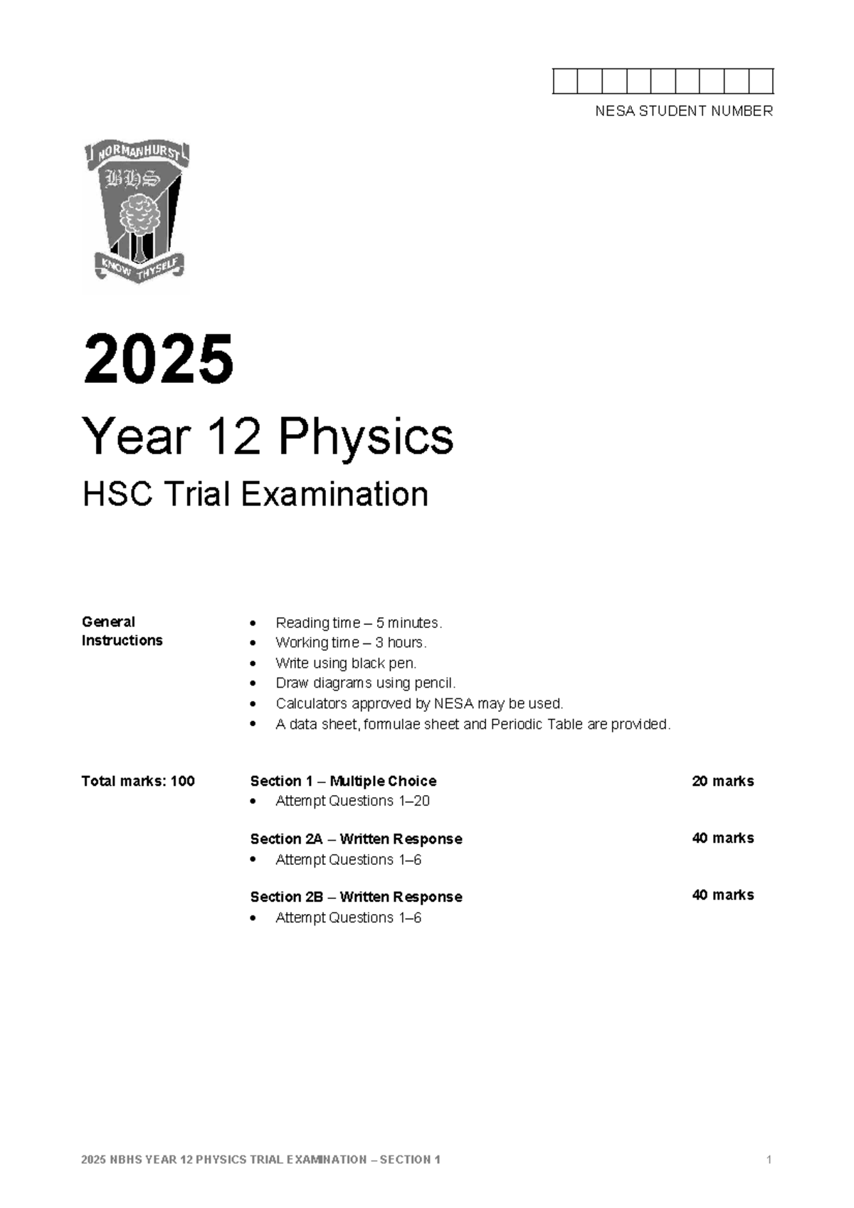 2025 NBHS Year 12 Physics HSC Trial Exam Instructions & Questions - Studocu
