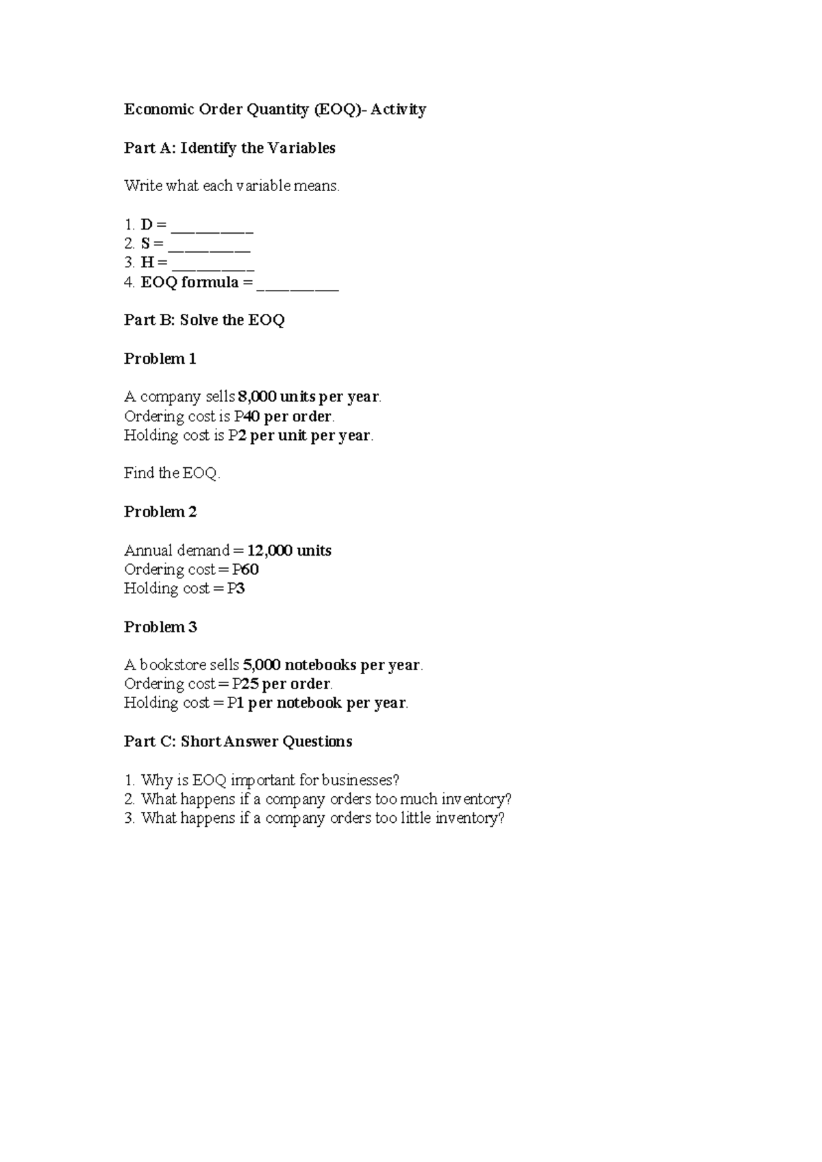Economic Order Quantity Activity: Variables & Problem Solving - Studocu