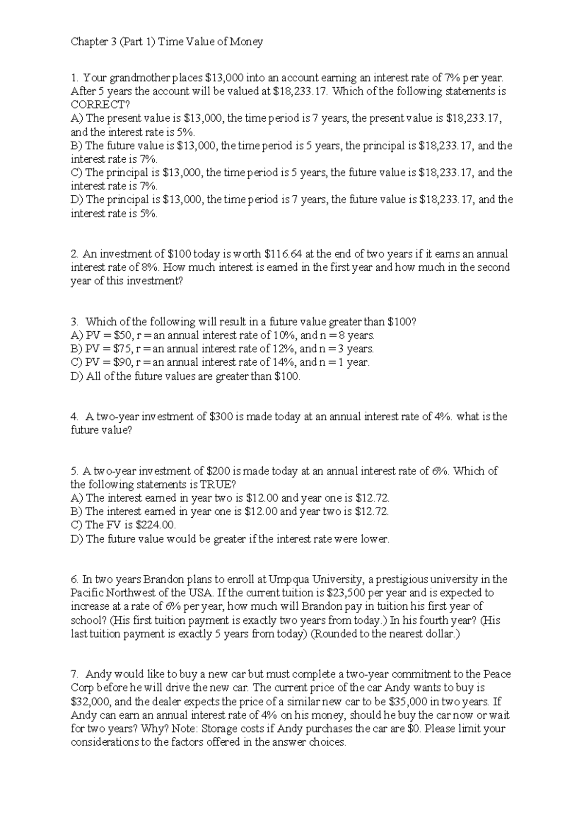 Chapter 3 Part 1: Time Value of Money Questions and Answers - Studocu