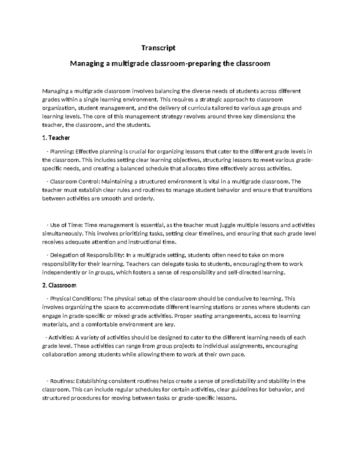 Managing a Multigrade Classroom: Effective Preparation Strategies - Studocu