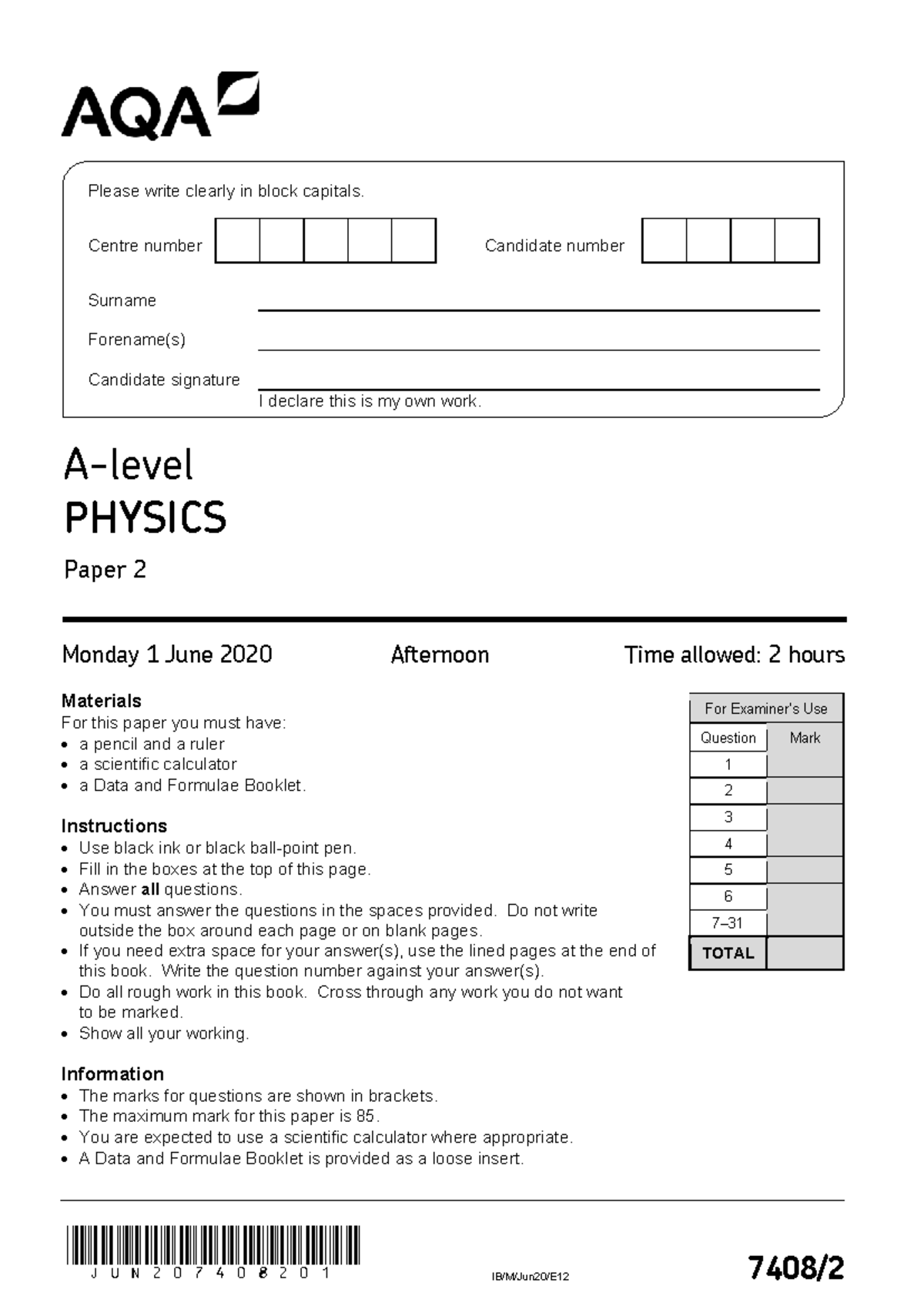 PHYSICS Paper 2 June 2020 Question Paper - PHYS2 - Studocu