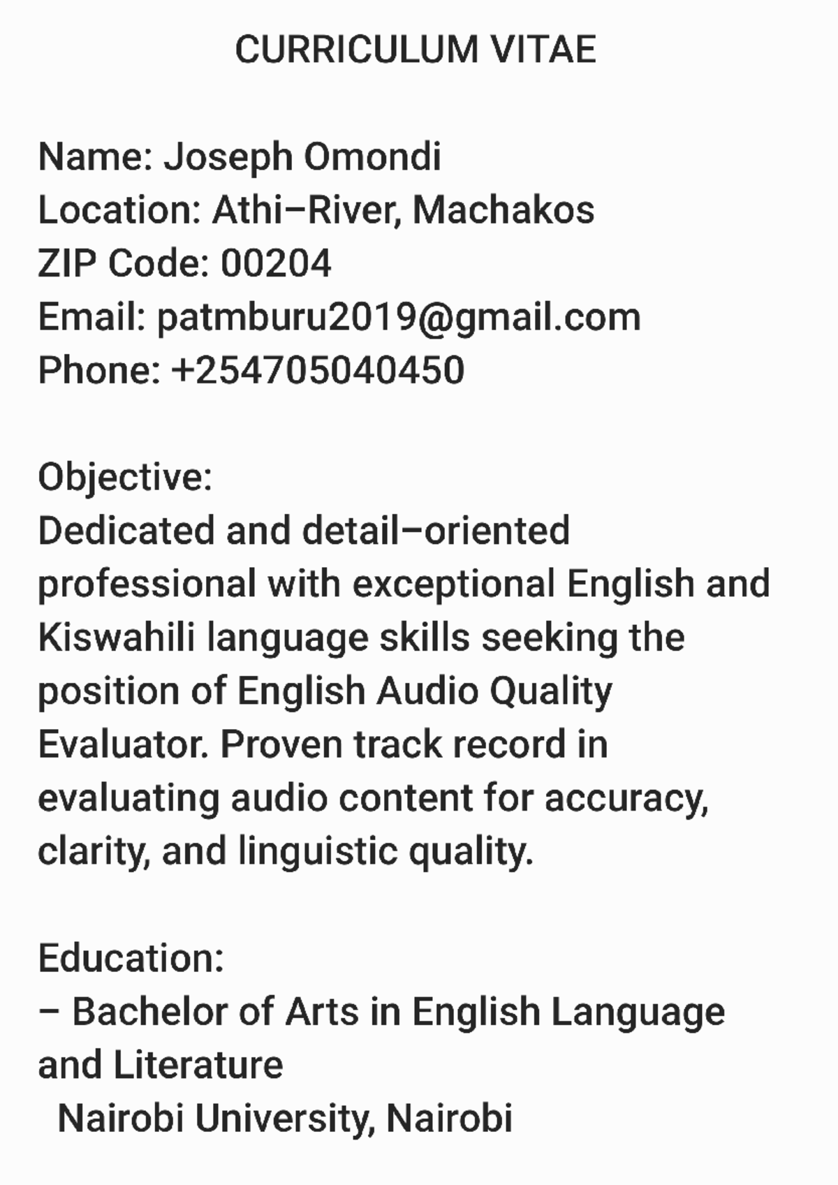 CV 230902 065343 - Good - CURRICULUM VITAE Name: Joseph Omondi Location ...