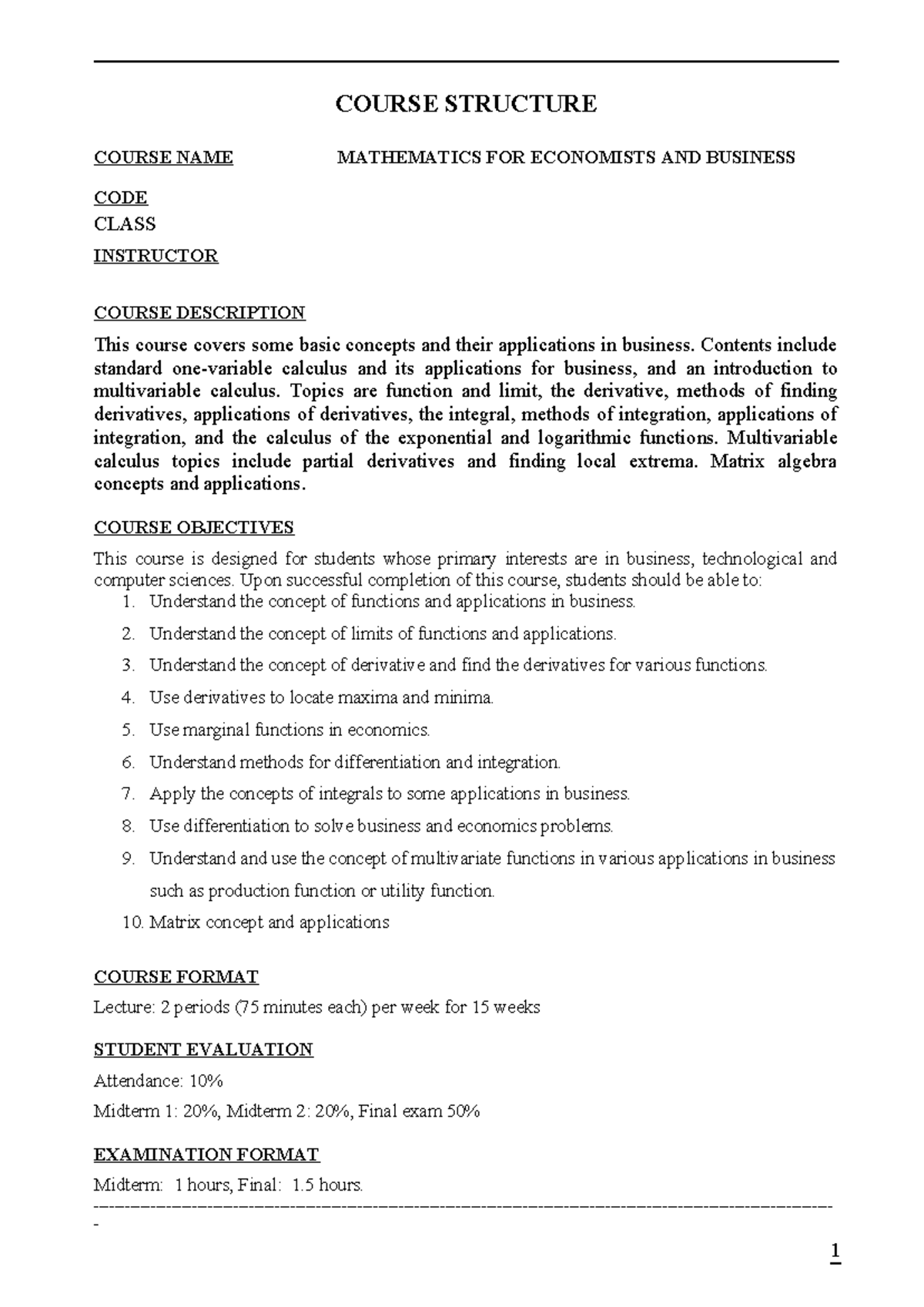 Mathematics for Economists & Business (MATH 101) Syllabus Overview ...
