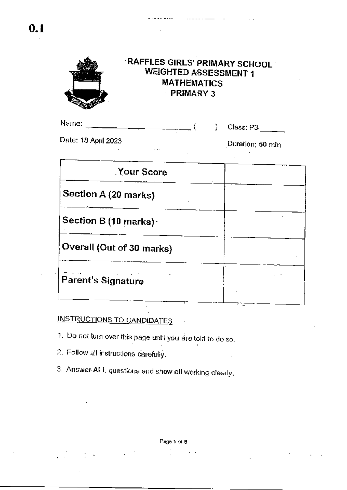 P3 Mathematics 2023 Weighted Assessment 1 - Raffles Primary School ...