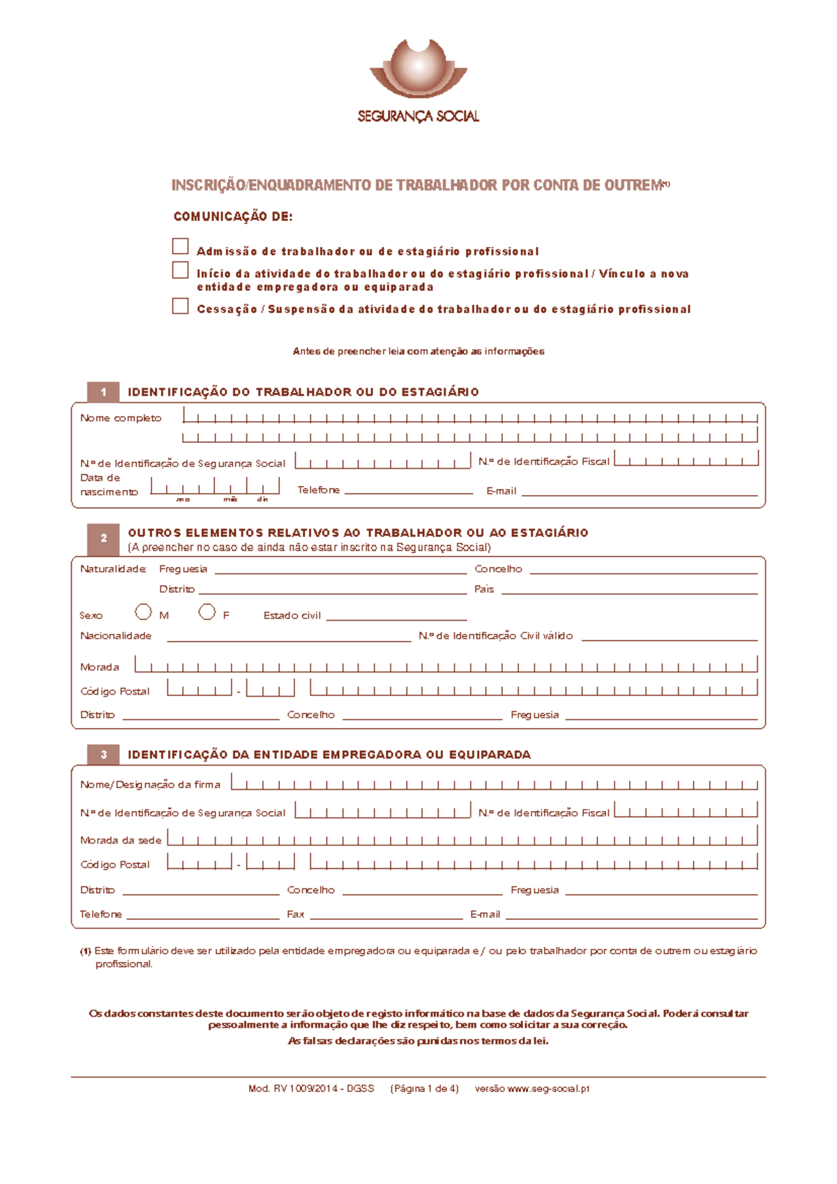Comunicação de Admissão de Trabalhador ou Estagiário - Mod. RV 1009 ...