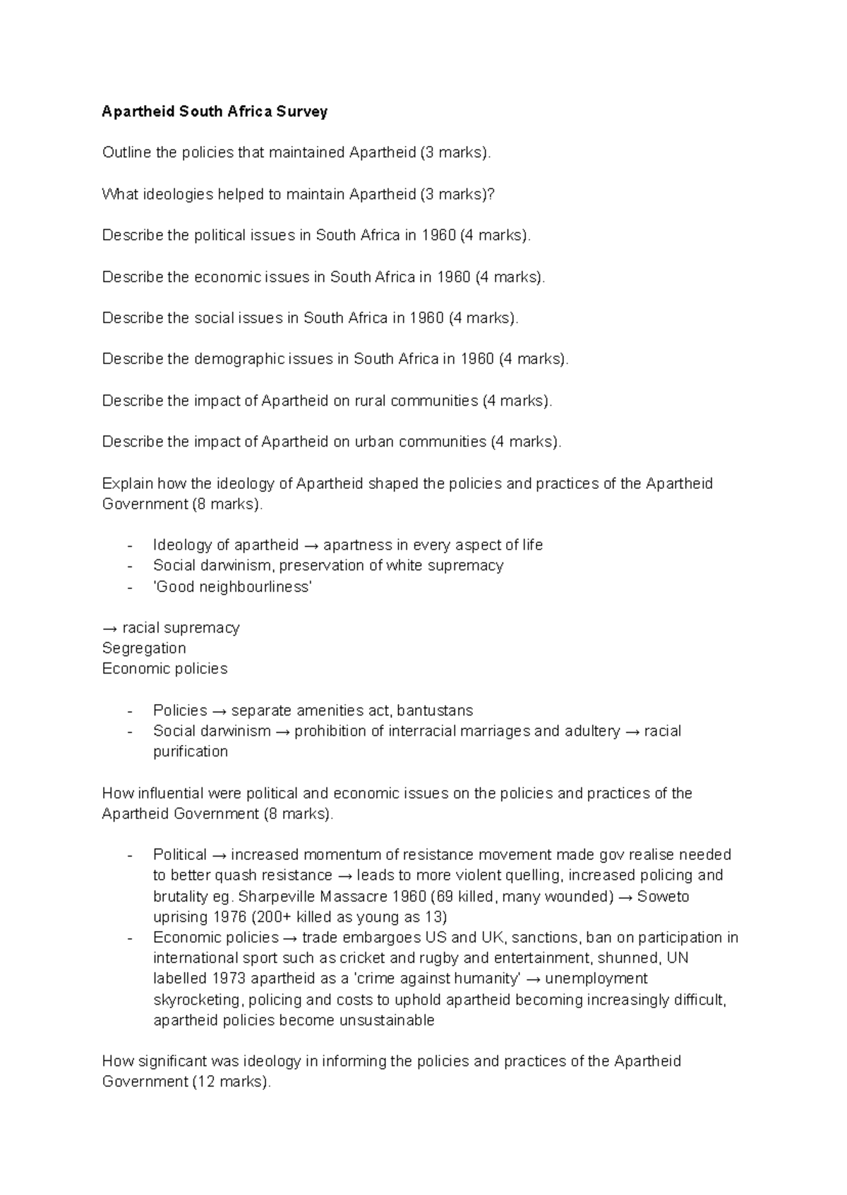 Apartheid in South Africa: Modern History Survey Questions - Studocu
