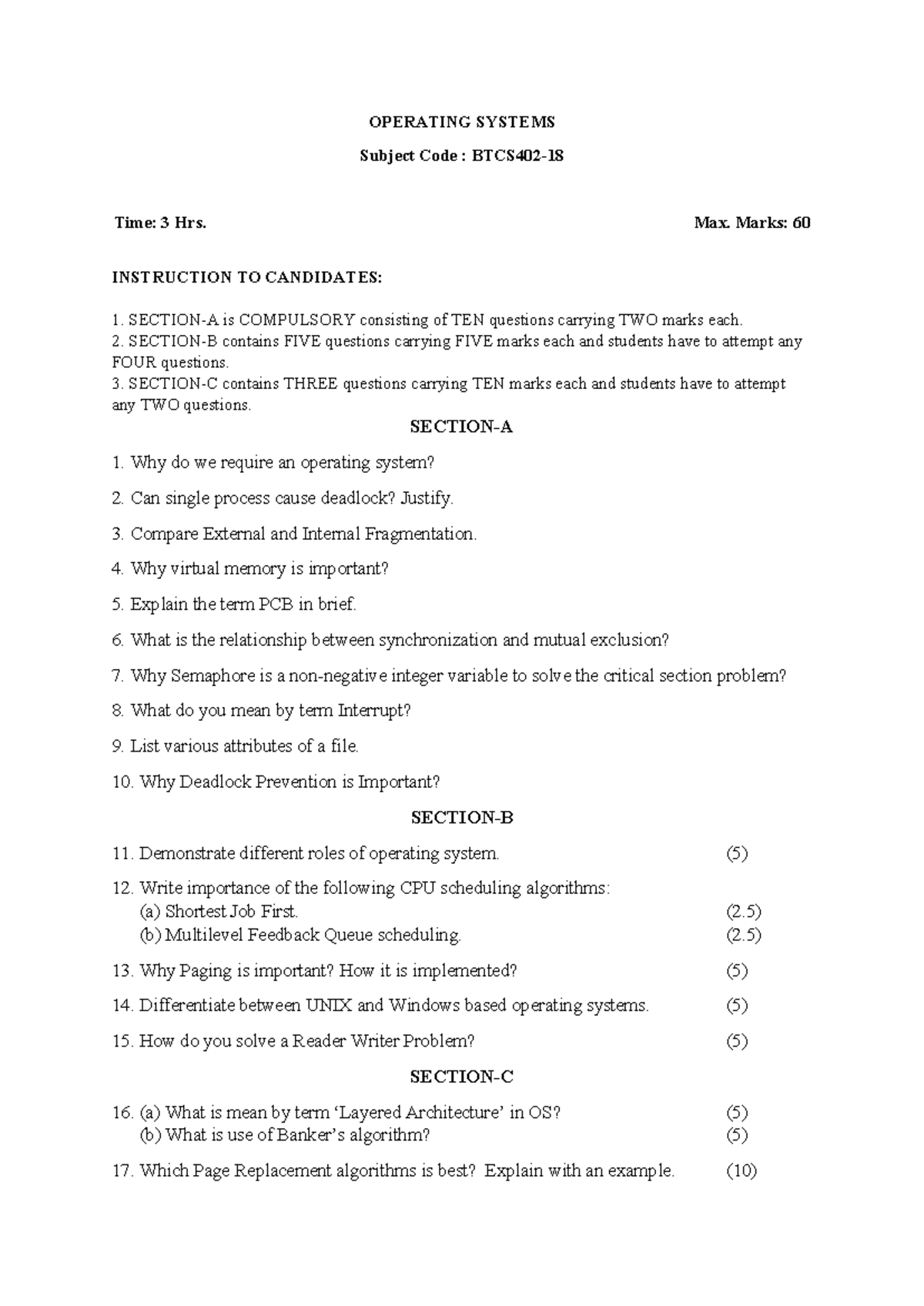 Operating Systems & Design Analysis of Algorithms Exam 2020 - B Tech ...